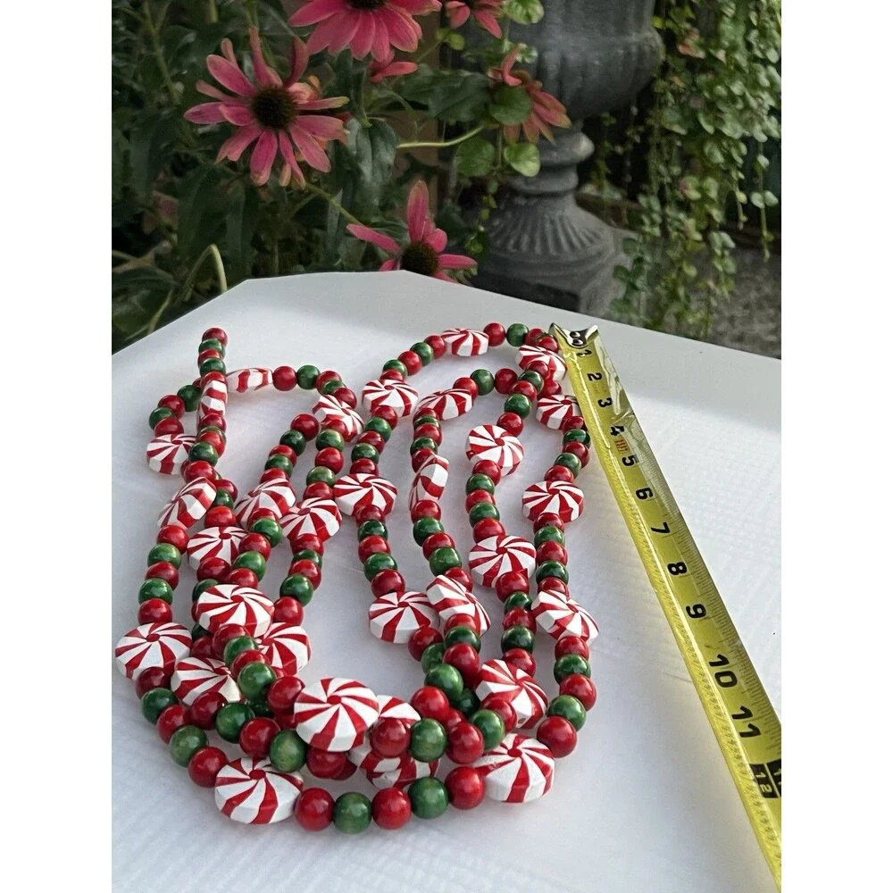 Vintage 8 Ft Wooden Christmas Garland Hand Painted Peppermint Candy Beads